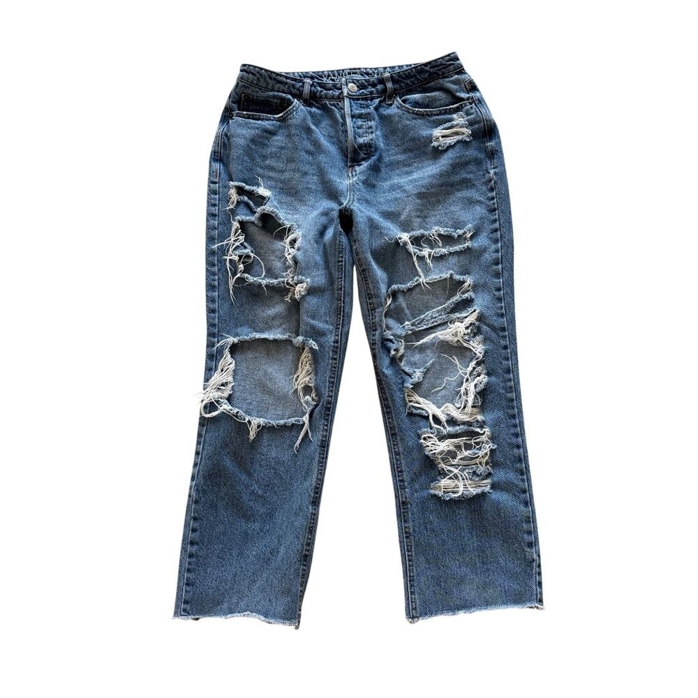Thrashed Holes Denim 90's Boyfriend Crop Jeans High-Rise Ripped Distress Size 11